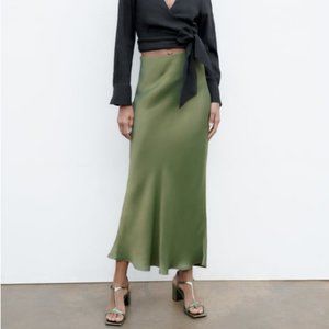 Zara Satin Effect Long Skirt Khaki Size Small